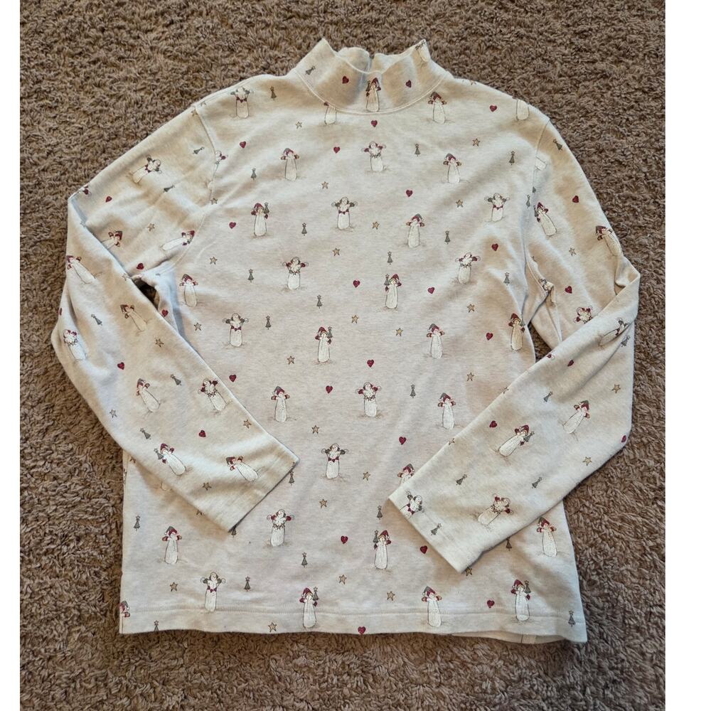 Croft barrow 100% cotton mock neck snowman long sleeve top layering shirt L